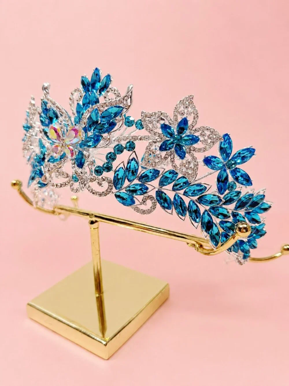Sky blue Crystal Butterfly Tiara Crown Silver Pageant Bridal Prom Party crown